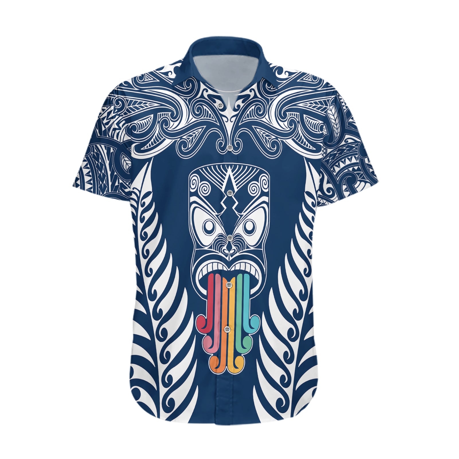 personalised-kia-kaha-te-reo-maori-hawaiian-shirt-hei-tiki-mix-koru-navy-blue