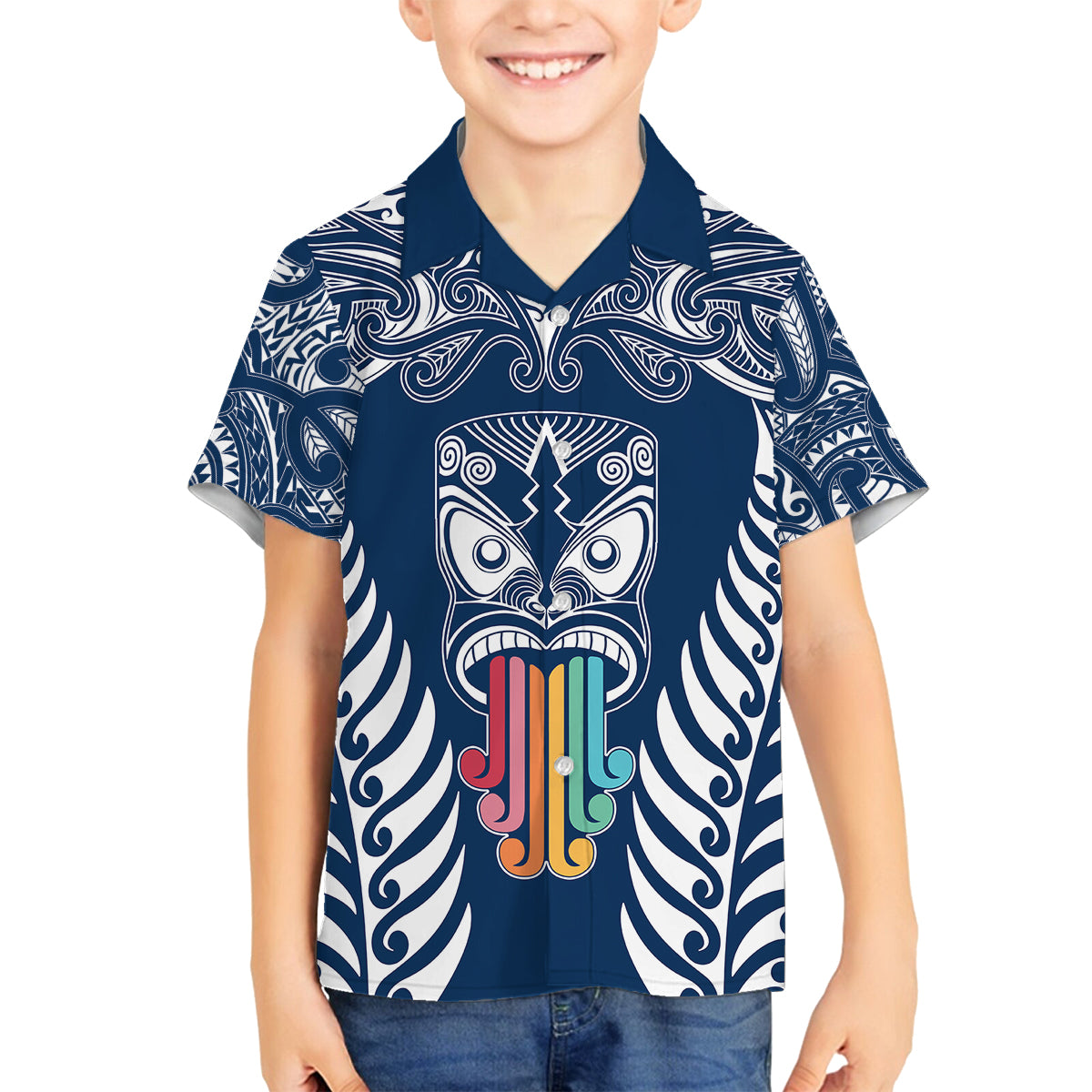 personalised-kia-kaha-te-reo-maori-kid-hawaiian-shirt-hei-tiki-mix-koru-navy-blue