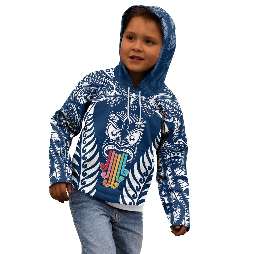 Personalised Kia Kaha Te Reo Maori Kid Hoodie Hei Tiki Mix Koru - Navy Blue LT7 - Polynesian Pride