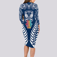 personalised-kia-kaha-te-reo-maori-long-sleeve-bodycon-dress-hei-tiki-mix-koru-navy-blue