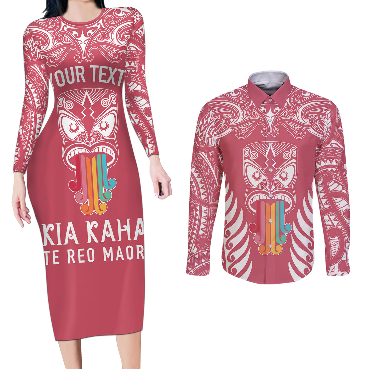 Personalised Kia Kaha Te Reo Maori Couples Matching Long Sleeve Bodycon Dress and Long Sleeve Button Shirts Hei Tiki Mix Koru - Pink LT7 Pink - Polynesian Pride
