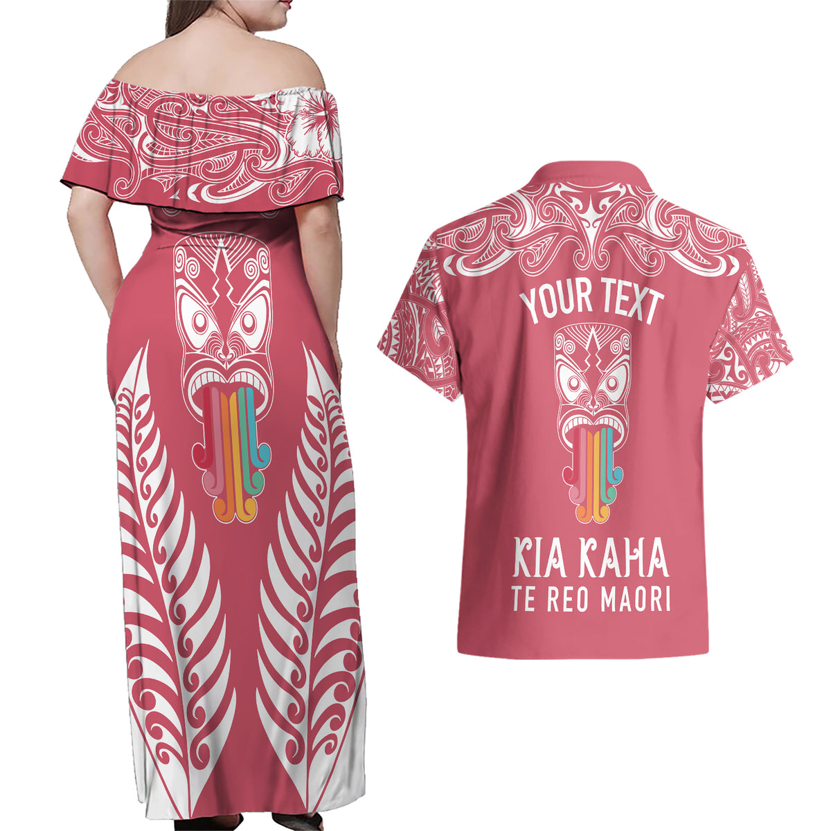 personalised-kia-kaha-te-reo-maori-couples-matching-off-shoulder-maxi-dress-and-hawaiian-shirt-hei-tiki-mix-koru-pink