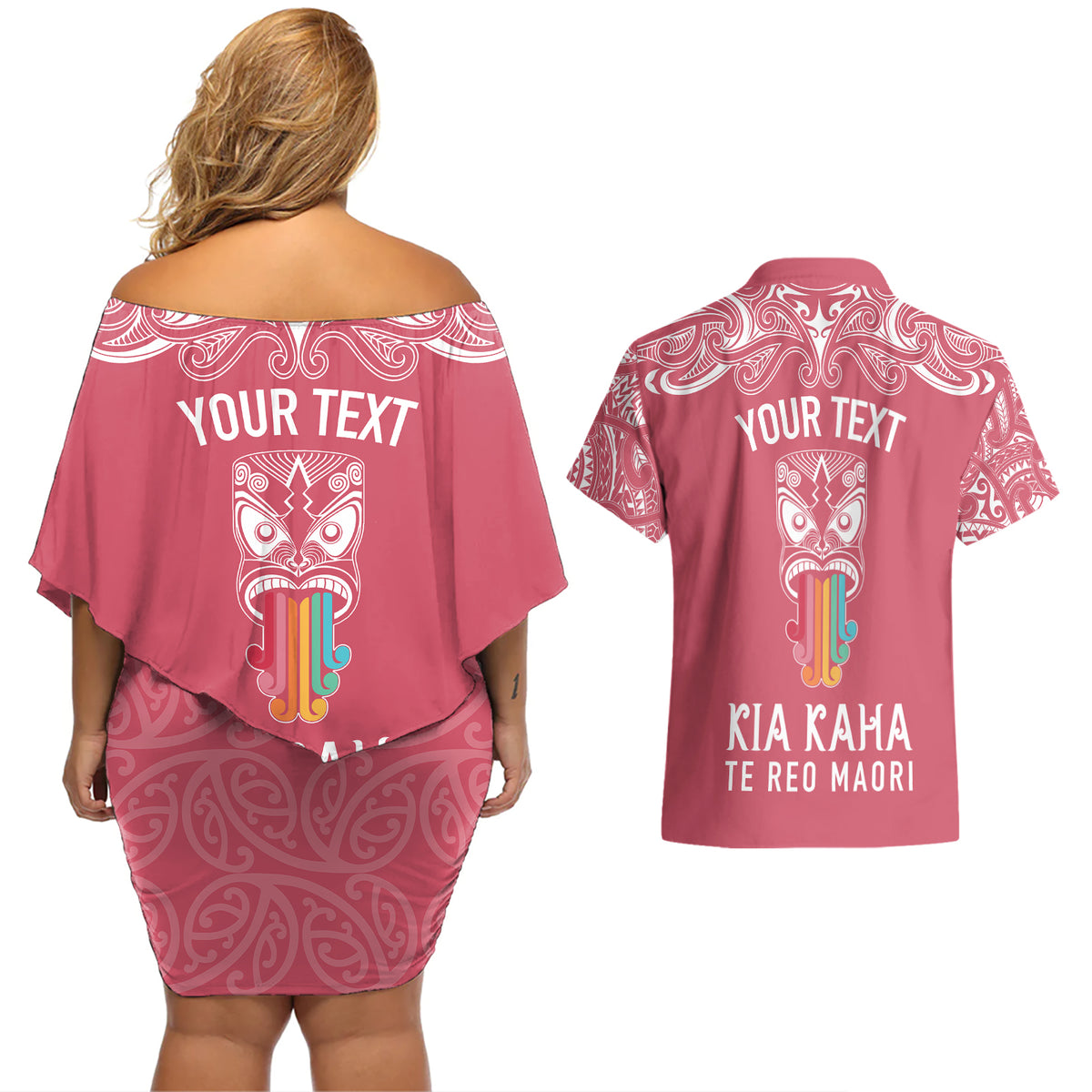 personalised-kia-kaha-te-reo-maori-couples-matching-off-shoulder-short-dress-and-hawaiian-shirt-hei-tiki-mix-koru-pink