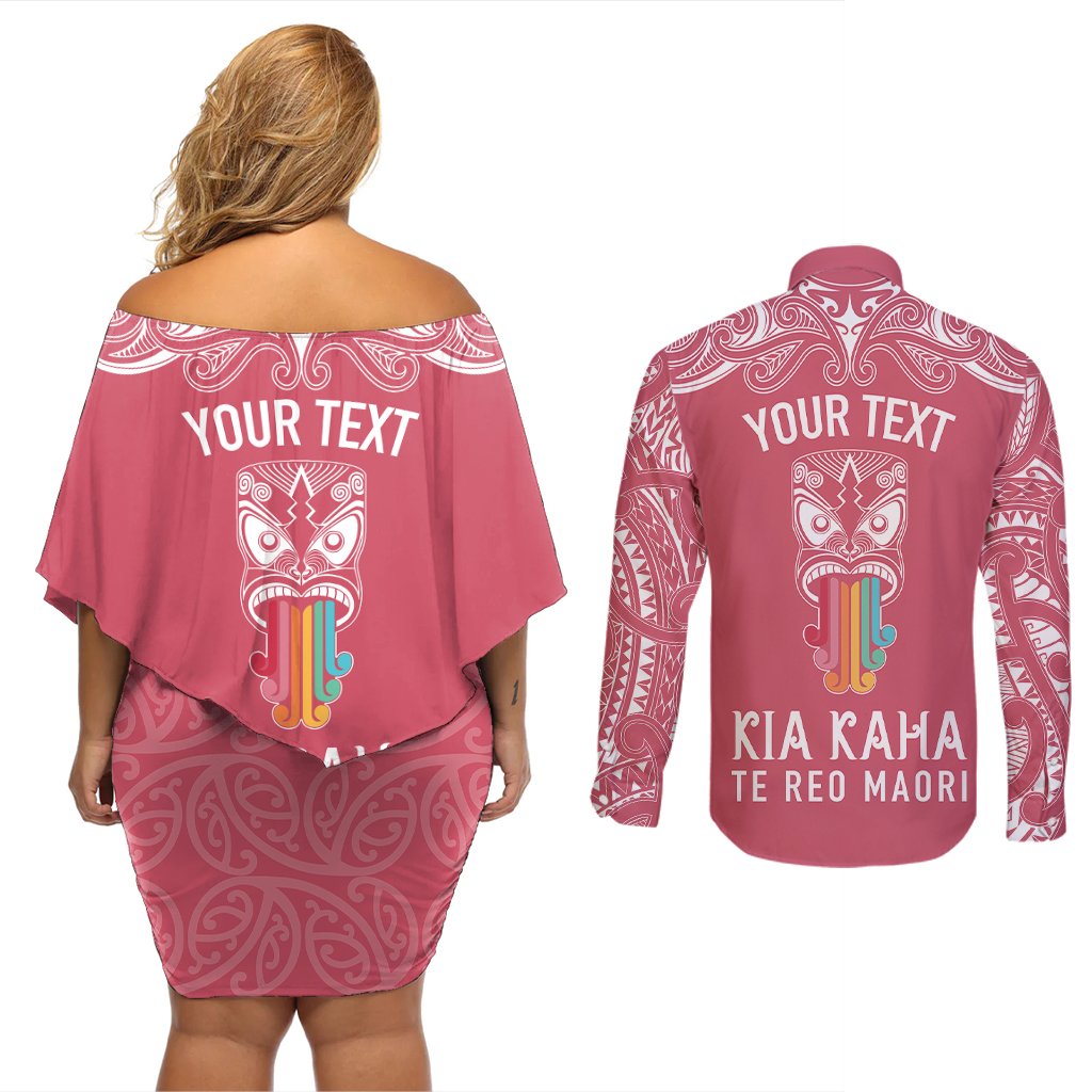 personalised-kia-kaha-te-reo-maori-couples-matching-off-shoulder-short-dress-and-long-sleeve-button-shirts-hei-tiki-mix-koru-pink