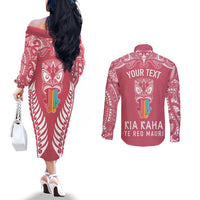 Personalised Kia Kaha Te Reo Maori Couples Matching Off The Shoulder Long Sleeve Dress and Long Sleeve Button Shirts Hei Tiki Mix Koru - Pink LT7 - Polynesian Pride