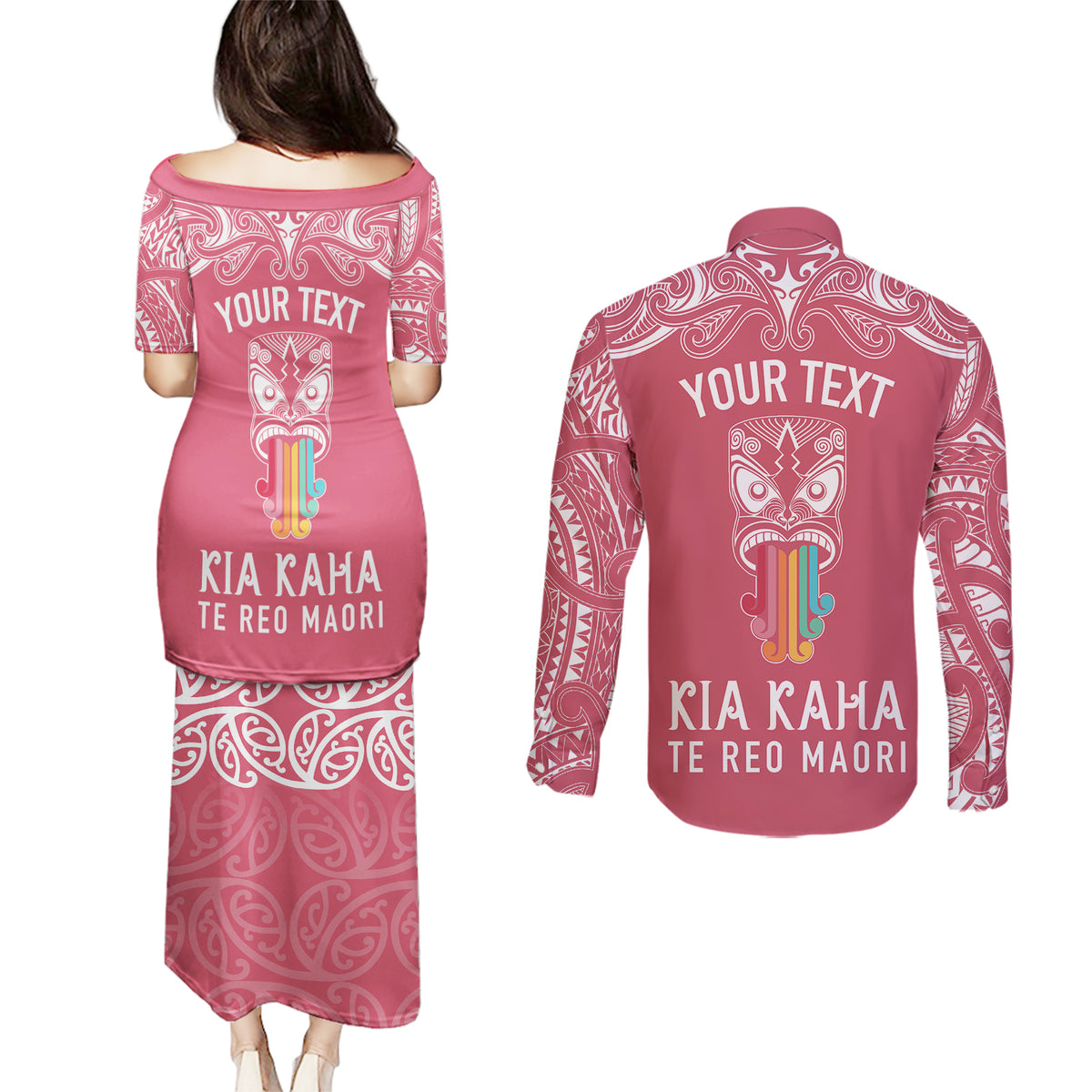 Personalised Kia Kaha Te Reo Maori Couples Matching Puletasi Dress and Long Sleeve Button Shirts Hei Tiki Mix Koru - Pink LT7 - Polynesian Pride