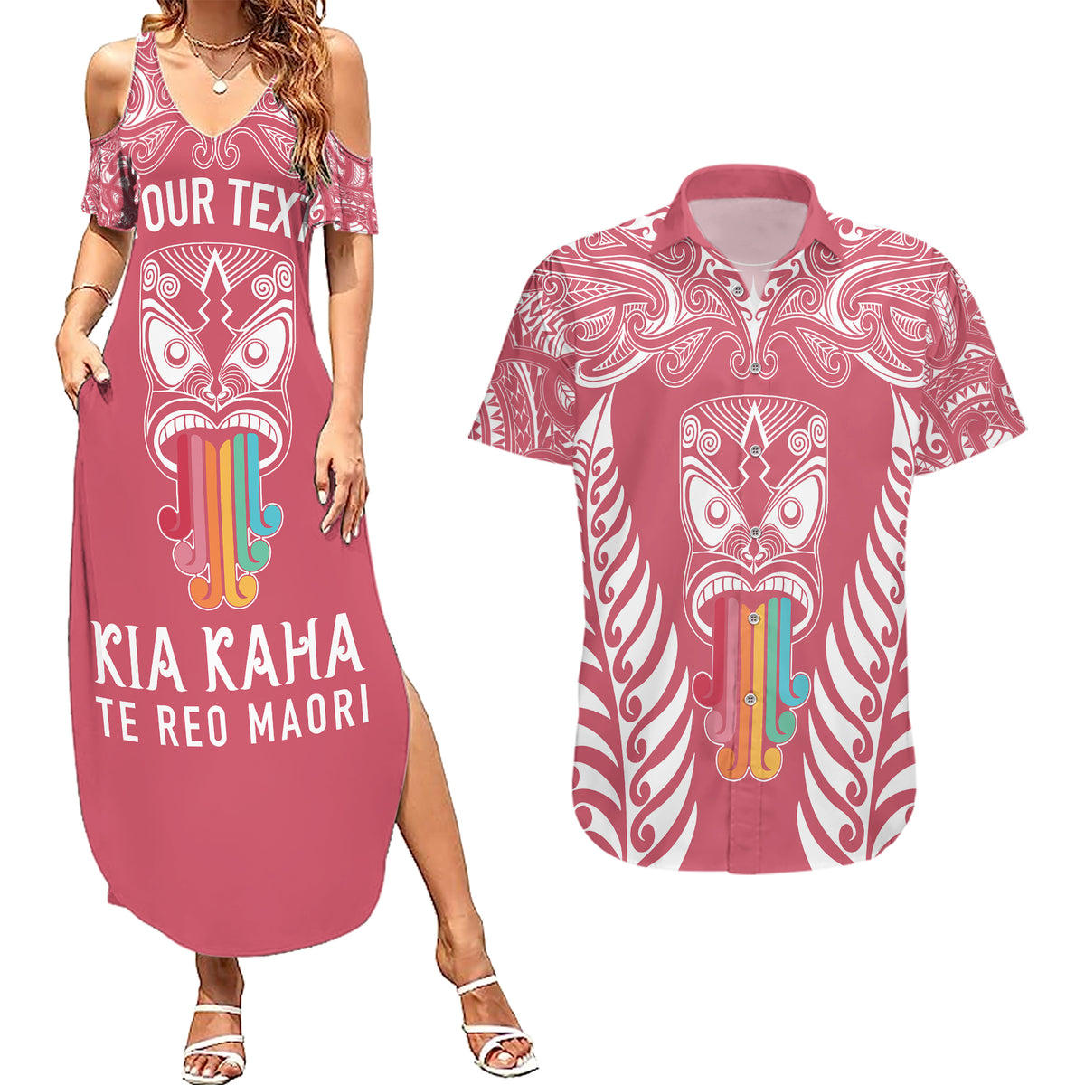 personalised-kia-kaha-te-reo-maori-couples-matching-summer-maxi-dress-and-hawaiian-shirt-hei-tiki-mix-koru-pink