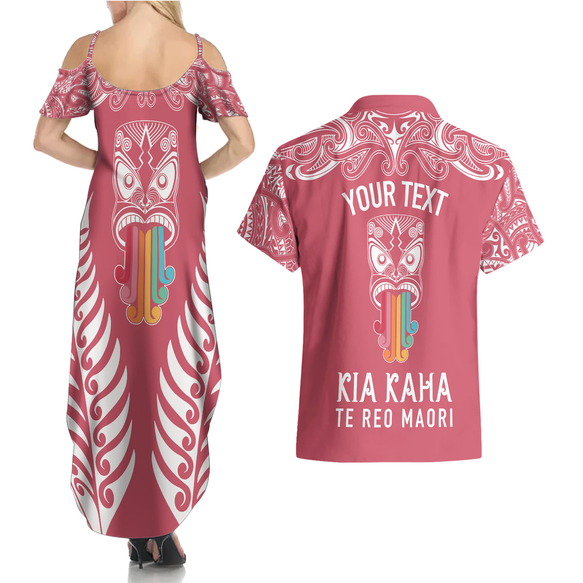 personalised-kia-kaha-te-reo-maori-couples-matching-summer-maxi-dress-and-hawaiian-shirt-hei-tiki-mix-koru-pink