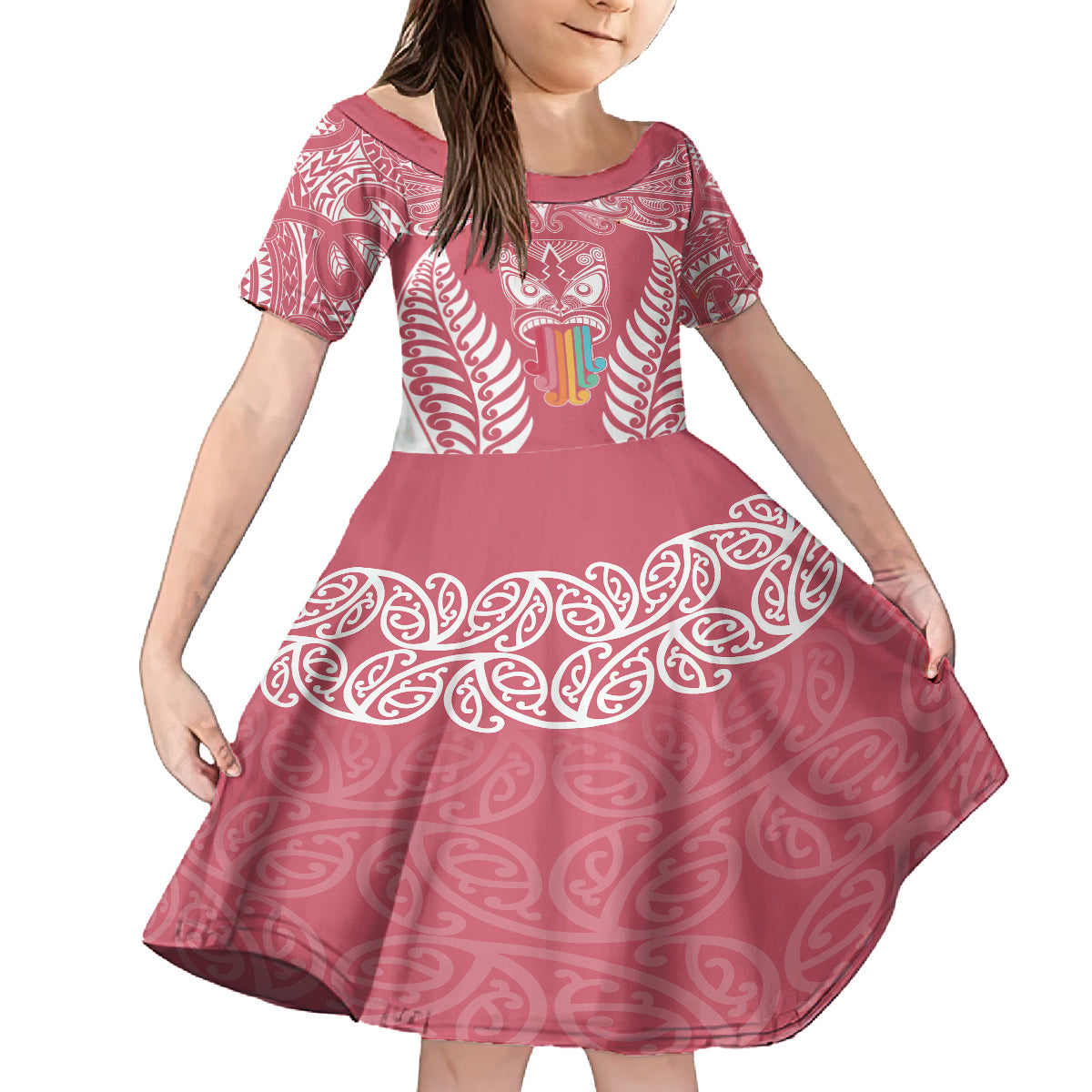 personalised-kia-kaha-te-reo-maori-kid-short-sleeve-dress-hei-tiki-mix-koru-pink