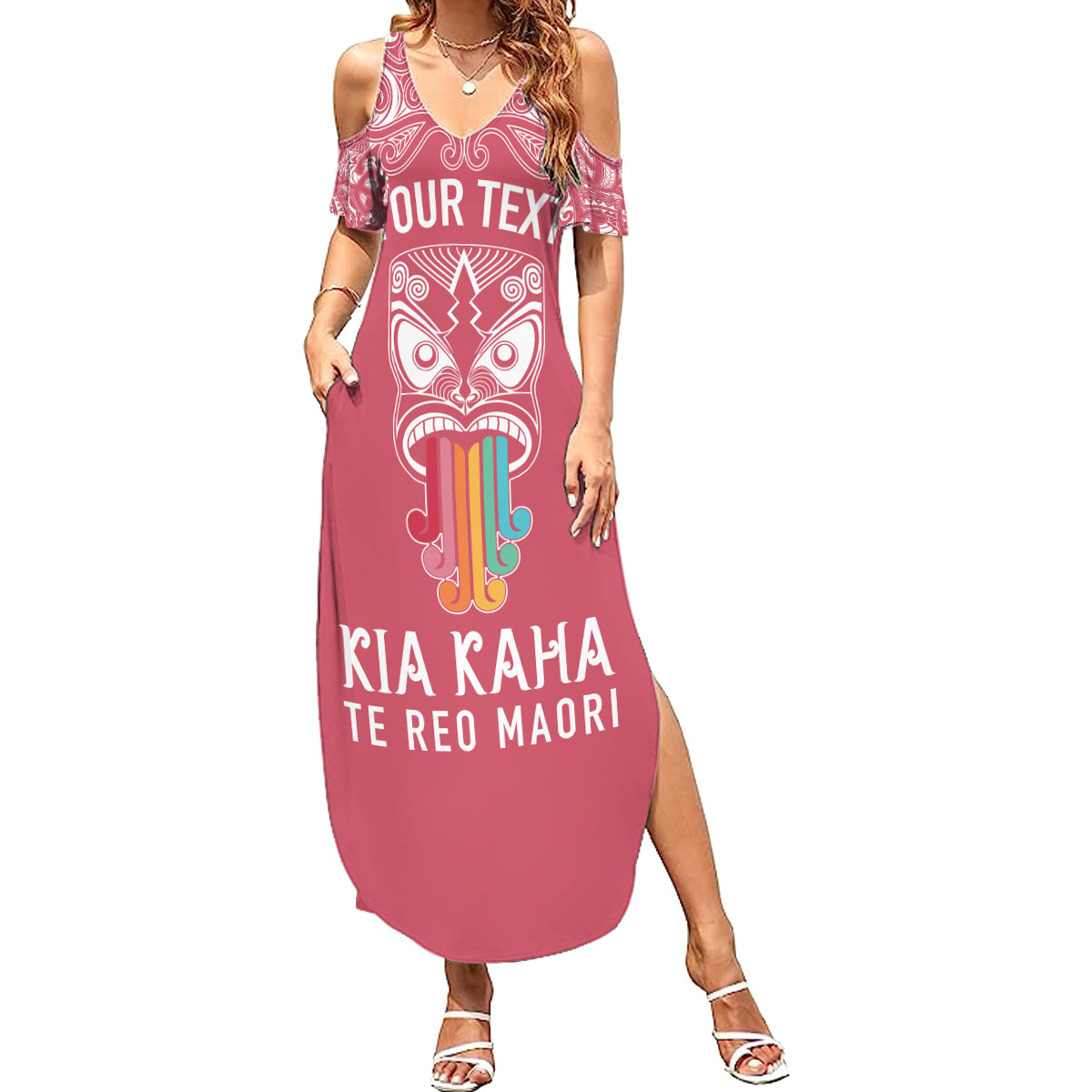 personalised-kia-kaha-te-reo-maori-summer-maxi-dress-hei-tiki-mix-koru-pink