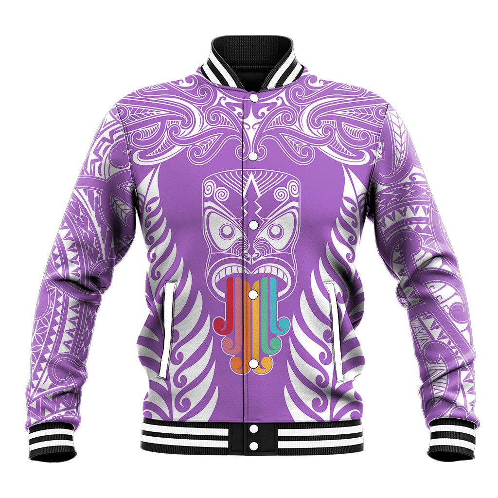 Personalised Kia Kaha Te Reo Maori Baseball Jacket Hei Tiki Mix Koru - Purple LT7 Unisex Purple - Polynesian Pride