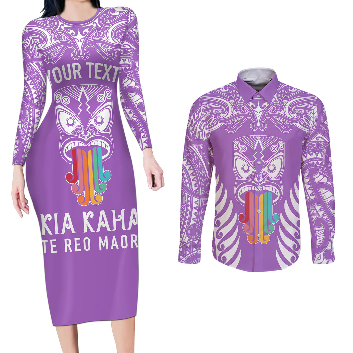 Personalised Kia Kaha Te Reo Maori Couples Matching Long Sleeve Bodycon Dress and Long Sleeve Button Shirts Hei Tiki Mix Koru - Purple LT7 Purple - Polynesian Pride