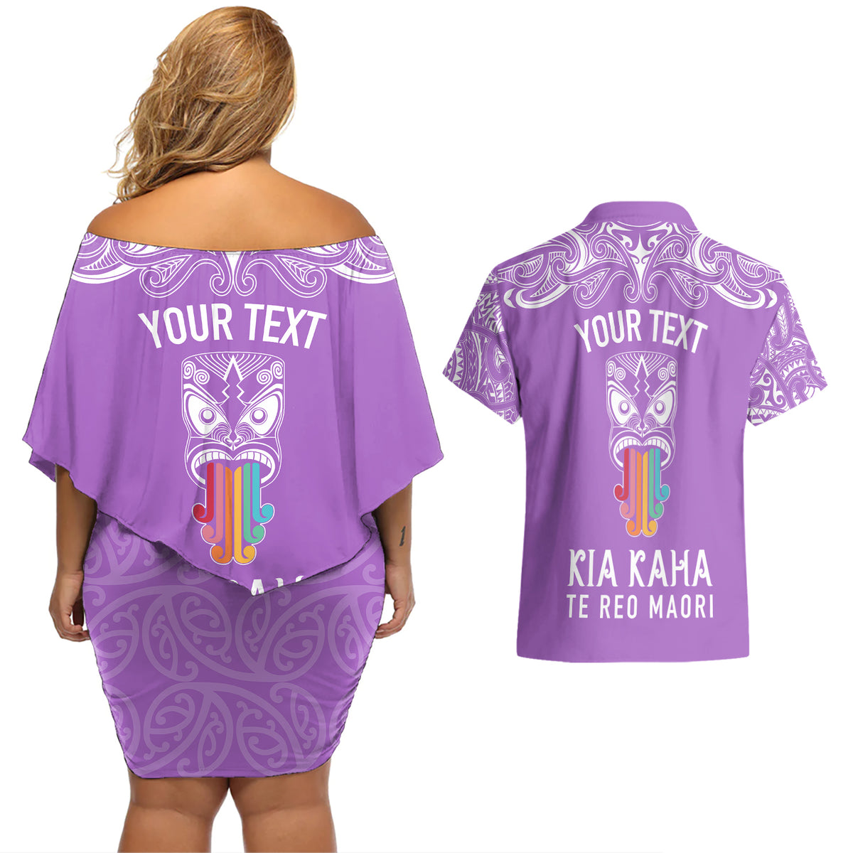 personalised-kia-kaha-te-reo-maori-couples-matching-off-shoulder-short-dress-and-hawaiian-shirt-hei-tiki-mix-koru-purple