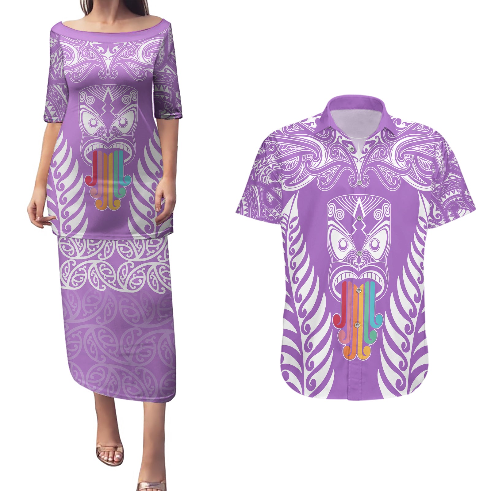 personalised-kia-kaha-te-reo-maori-couples-matching-puletasi-dress-and-hawaiian-shirt-hei-tiki-mix-koru-purple
