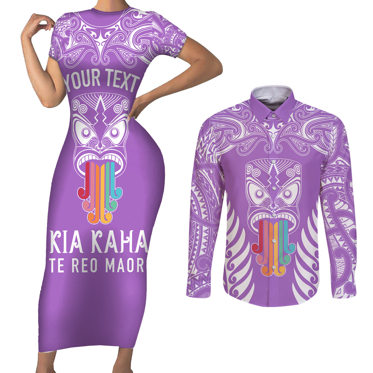 Personalised Kia Kaha Te Reo Maori Couples Matching Short Sleeve Bodycon Dress and Long Sleeve Button Shirts Hei Tiki Mix Koru - Purple LT7 Purple - Polynesian Pride