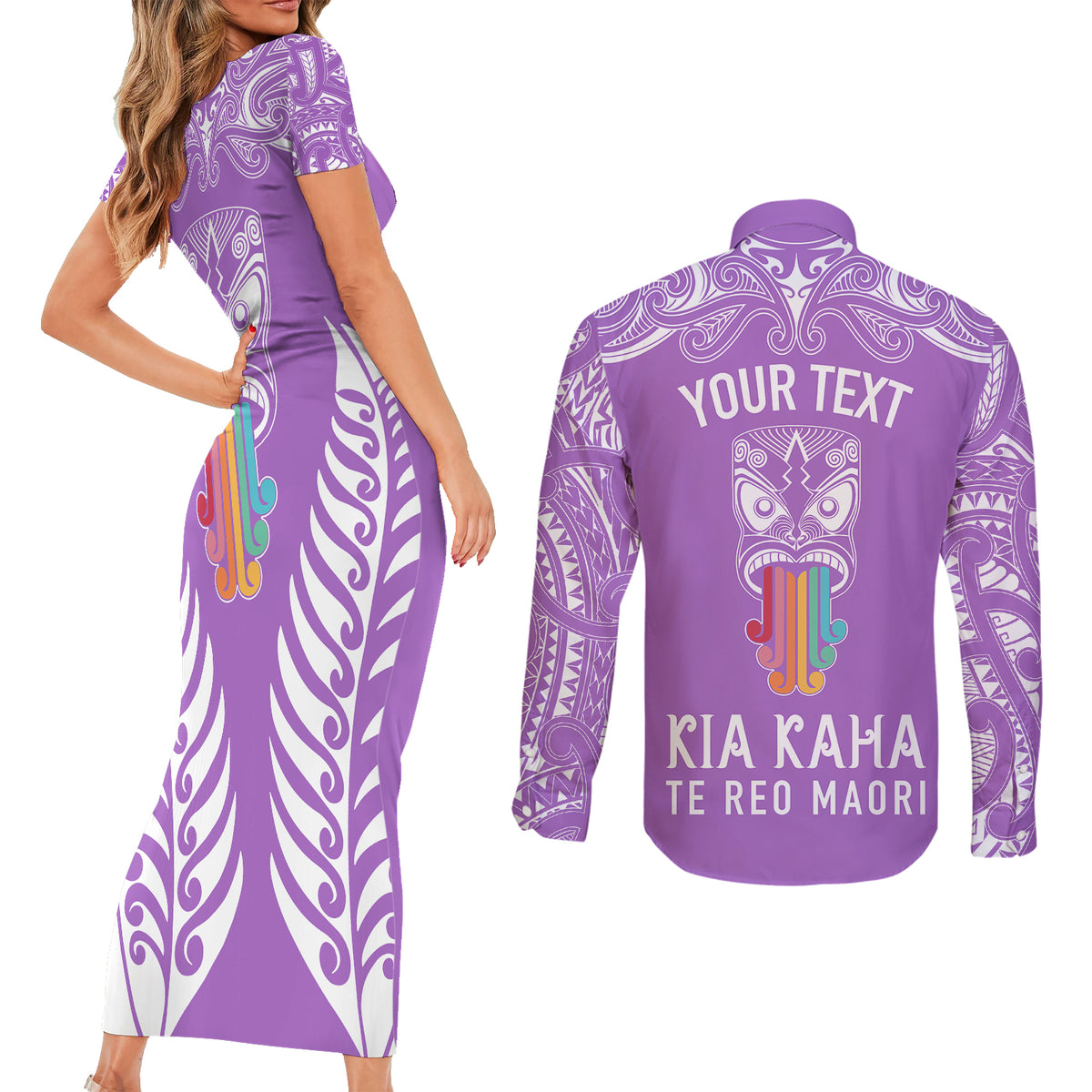 Personalised Kia Kaha Te Reo Maori Couples Matching Short Sleeve Bodycon Dress and Long Sleeve Button Shirts Hei Tiki Mix Koru - Purple LT7 - Polynesian Pride