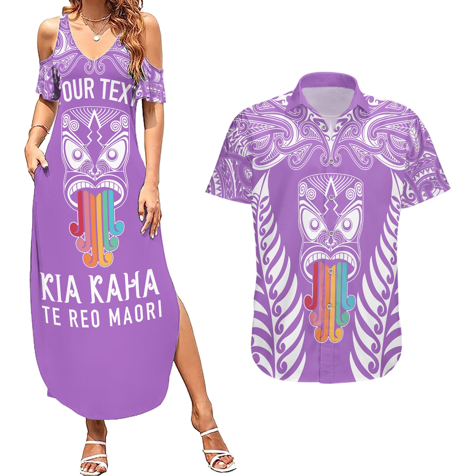personalised-kia-kaha-te-reo-maori-couples-matching-summer-maxi-dress-and-hawaiian-shirt-hei-tiki-mix-koru-purple
