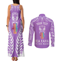 Personalised Kia Kaha Te Reo Maori Couples Matching Tank Maxi Dress and Long Sleeve Button Shirts Hei Tiki Mix Koru - Purple LT7 - Polynesian Pride