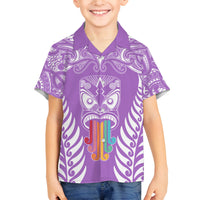 personalised-kia-kaha-te-reo-maori-family-matching-off-shoulder-short-dress-and-hawaiian-shirt-hei-tiki-mix-koru-purple