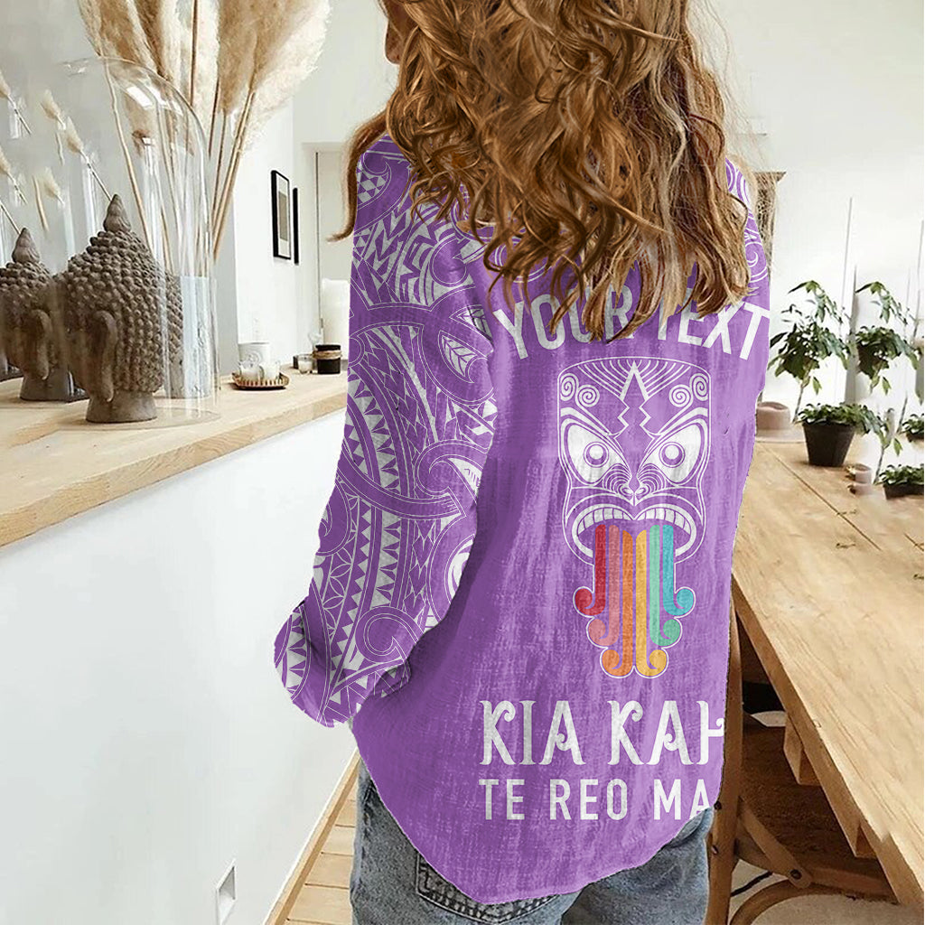 Personalised Kia Kaha Te Reo Maori Women Casual Shirt Hei Tiki Mix Koru - Purple LT7 - Polynesian Pride