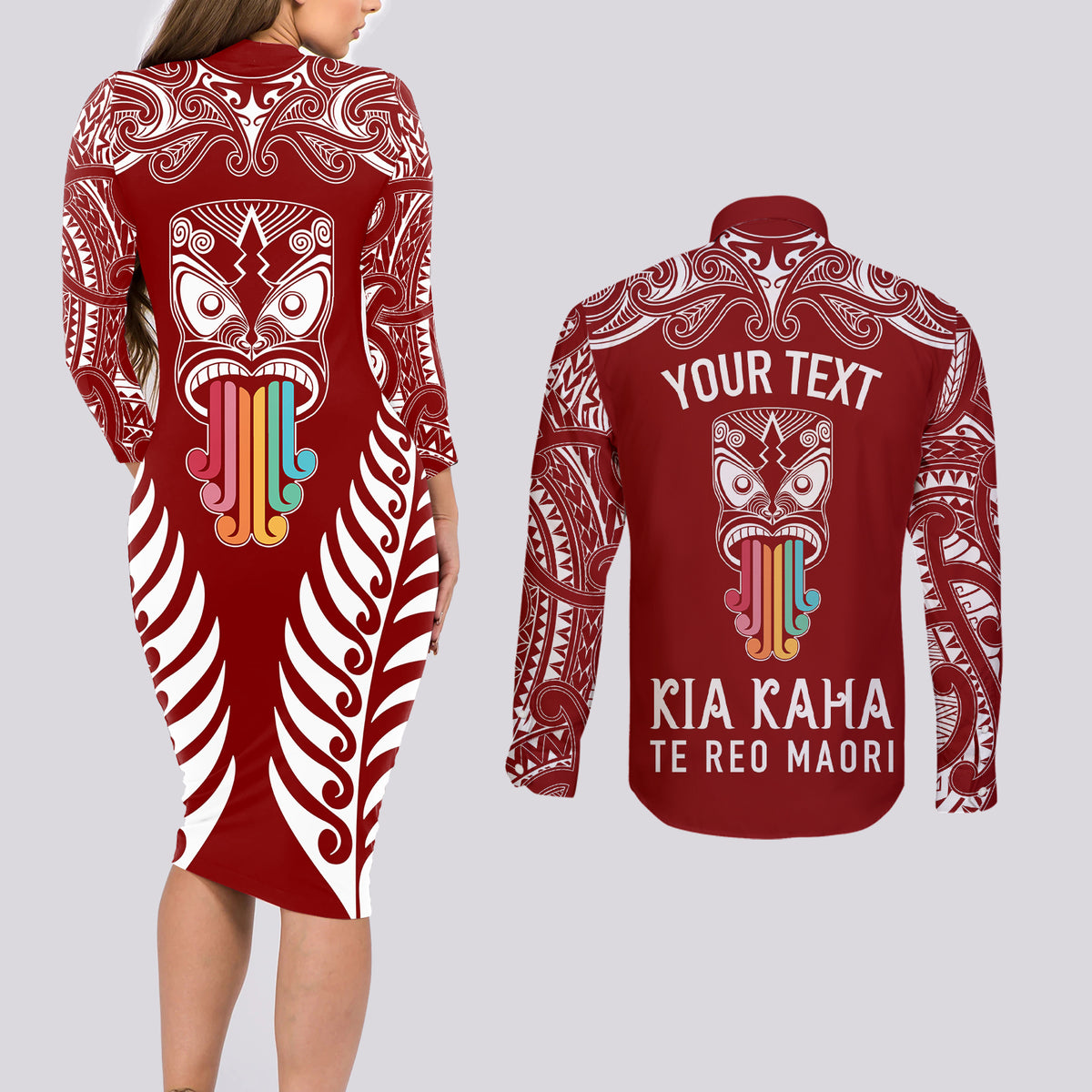 Personalised Kia Kaha Te Reo Maori Couples Matching Long Sleeve Bodycon Dress and Long Sleeve Button Shirts Hei Tiki Mix Koru - Red LT7 - Polynesian Pride