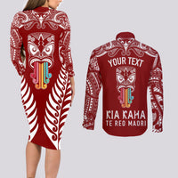 Personalised Kia Kaha Te Reo Maori Couples Matching Long Sleeve Bodycon Dress and Long Sleeve Button Shirts Hei Tiki Mix Koru - Red LT7 - Polynesian Pride