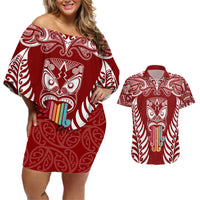 personalised-kia-kaha-te-reo-maori-couples-matching-off-shoulder-short-dress-and-hawaiian-shirt-hei-tiki-mix-koru-red