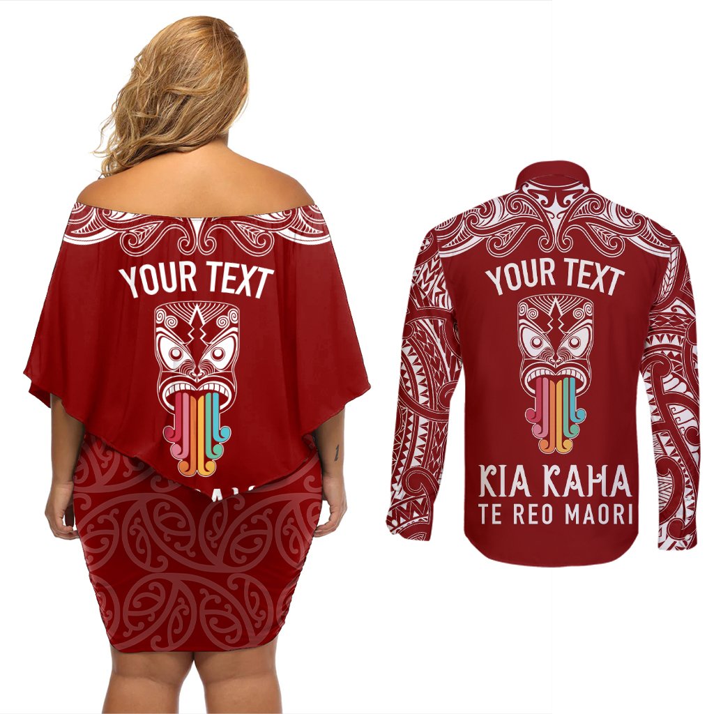 personalised-kia-kaha-te-reo-maori-couples-matching-off-shoulder-short-dress-and-long-sleeve-button-shirts-hei-tiki-mix-koru-red
