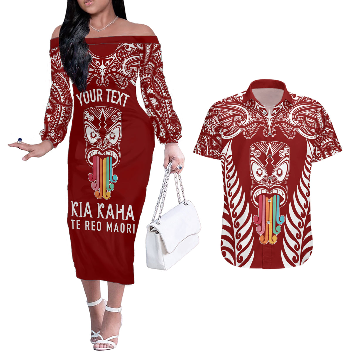 personalised-kia-kaha-te-reo-maori-couples-matching-off-the-shoulder-long-sleeve-dress-and-hawaiian-shirt-hei-tiki-mix-koru-red