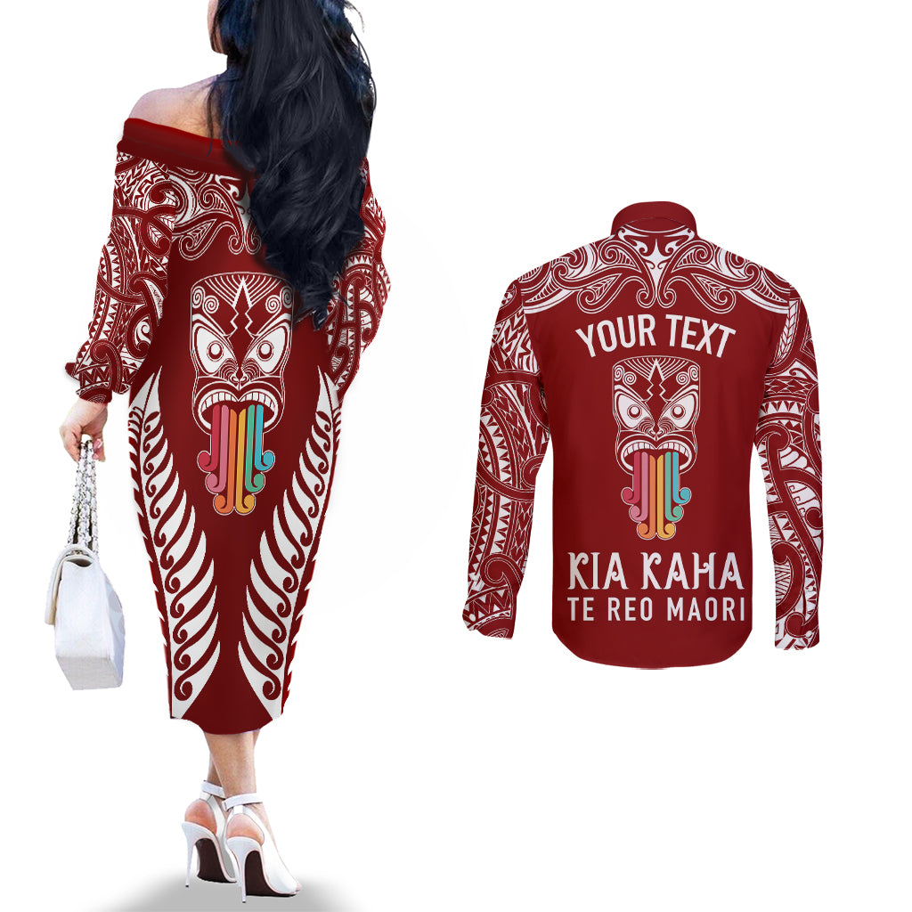 Personalised Kia Kaha Te Reo Maori Couples Matching Off The Shoulder Long Sleeve Dress and Long Sleeve Button Shirts Hei Tiki Mix Koru - Red LT7 - Polynesian Pride