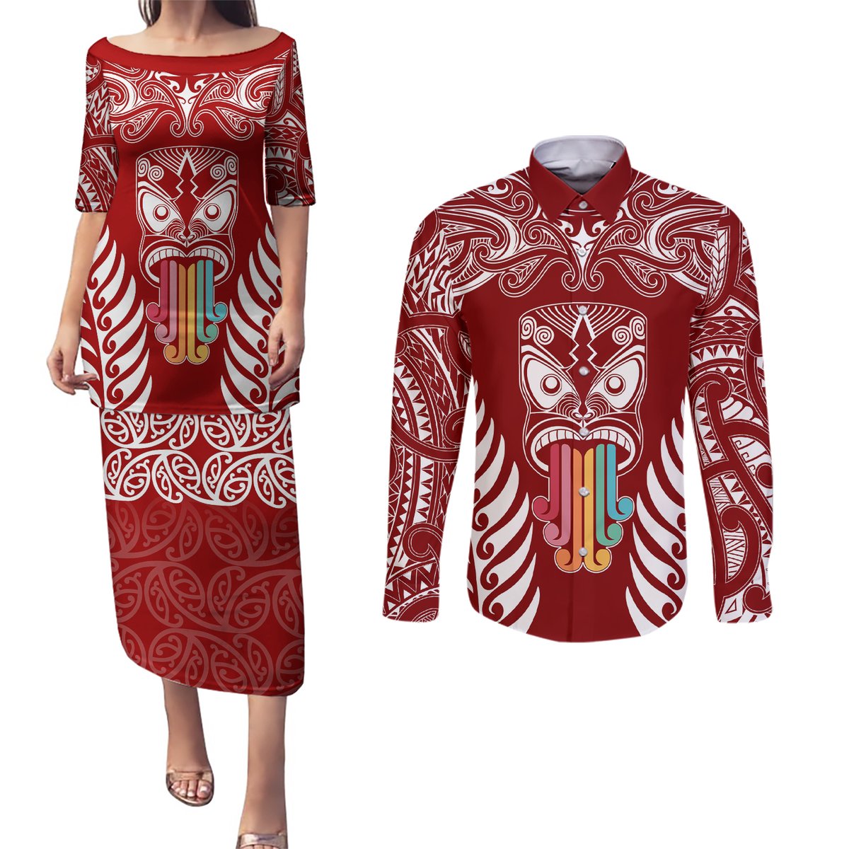 personalised-kia-kaha-te-reo-maori-couples-matching-puletasi-dress-and-long-sleeve-button-shirts-hei-tiki-mix-koru-red