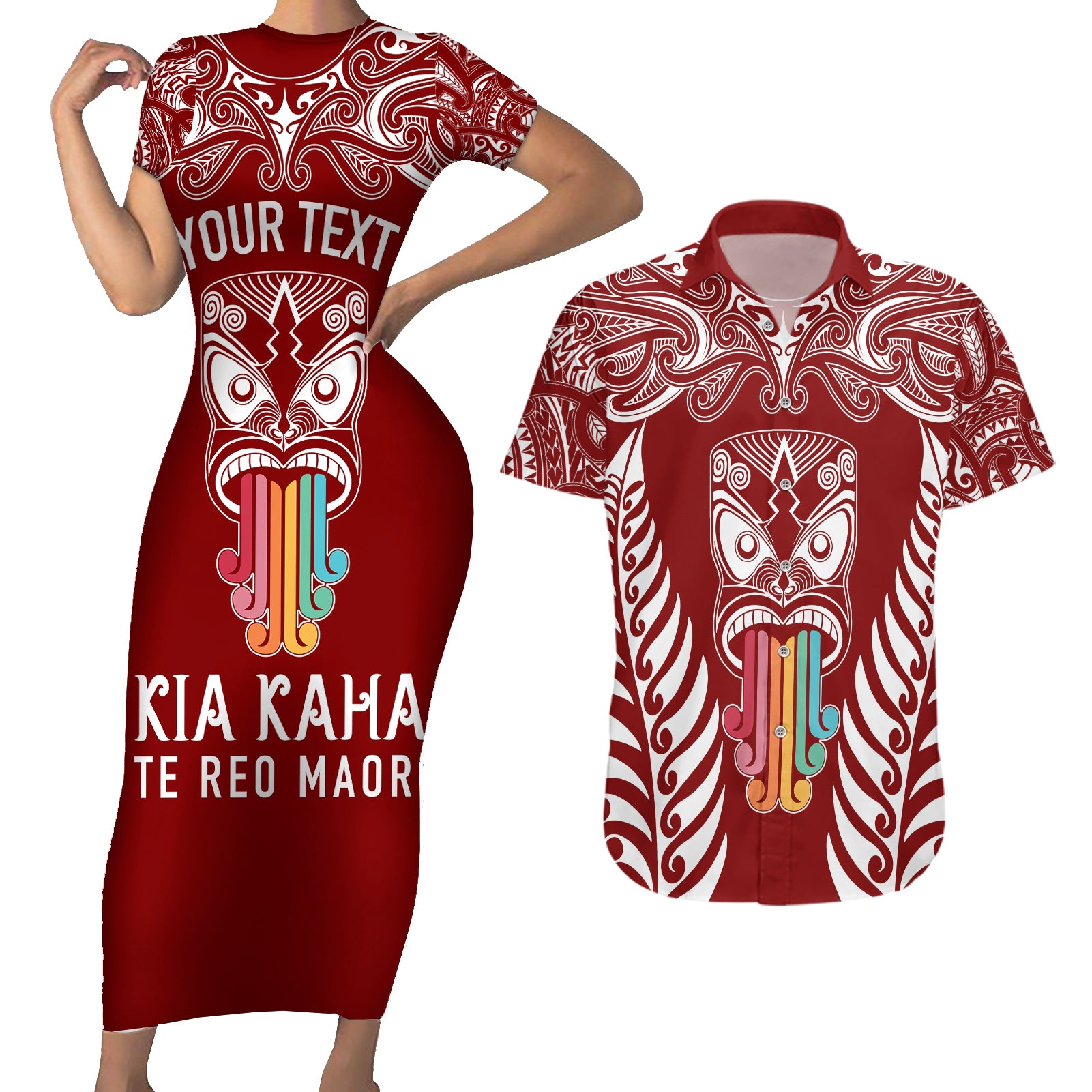 personalised-kia-kaha-te-reo-maori-couples-matching-short-sleeve-bodycon-dress-and-hawaiian-shirt-hei-tiki-mix-koru-red