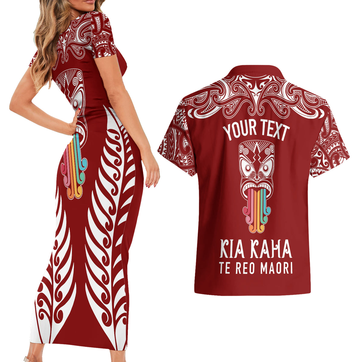 personalised-kia-kaha-te-reo-maori-couples-matching-short-sleeve-bodycon-dress-and-hawaiian-shirt-hei-tiki-mix-koru-red