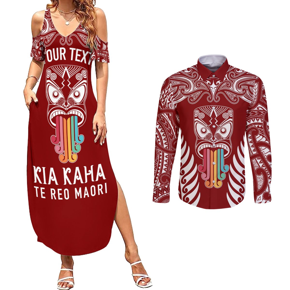 personalised-kia-kaha-te-reo-maori-couples-matching-summer-maxi-dress-and-long-sleeve-button-shirts-hei-tiki-mix-koru-red