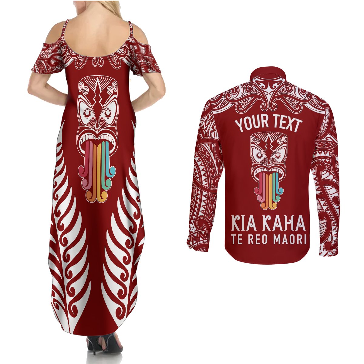 personalised-kia-kaha-te-reo-maori-couples-matching-summer-maxi-dress-and-long-sleeve-button-shirts-hei-tiki-mix-koru-red