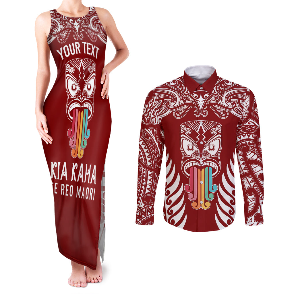 personalised-kia-kaha-te-reo-maori-couples-matching-tank-maxi-dress-and-long-sleeve-button-shirts-hei-tiki-mix-koru-red