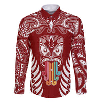 personalised-kia-kaha-te-reo-maori-family-matching-long-sleeve-bodycon-dress-and-hawaiian-shirt-hei-tiki-mix-koru-red