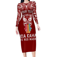 personalised-kia-kaha-te-reo-maori-family-matching-long-sleeve-bodycon-dress-and-hawaiian-shirt-hei-tiki-mix-koru-red