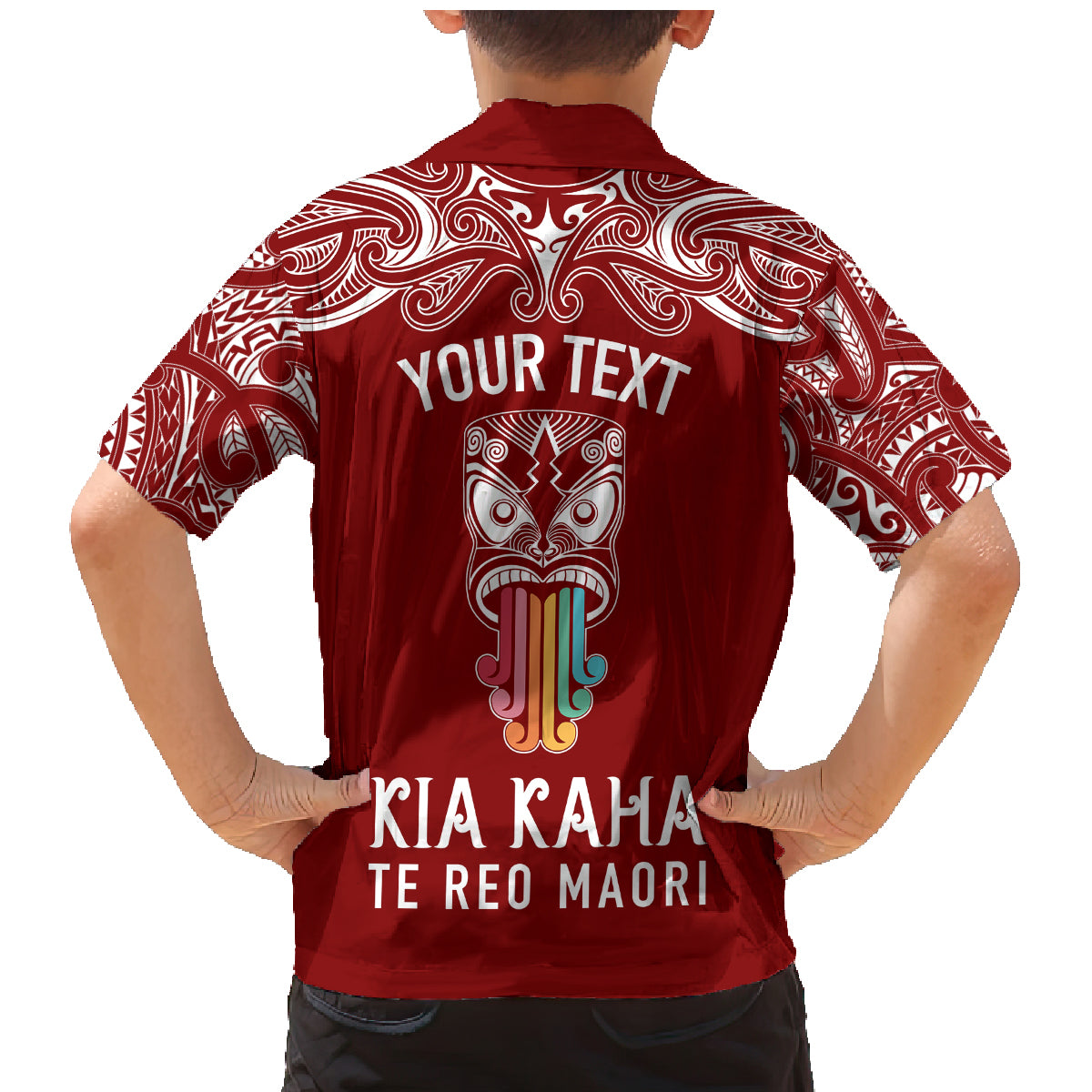 personalised-kia-kaha-te-reo-maori-family-matching-mermaid-dress-and-hawaiian-shirt-hei-tiki-mix-koru-red