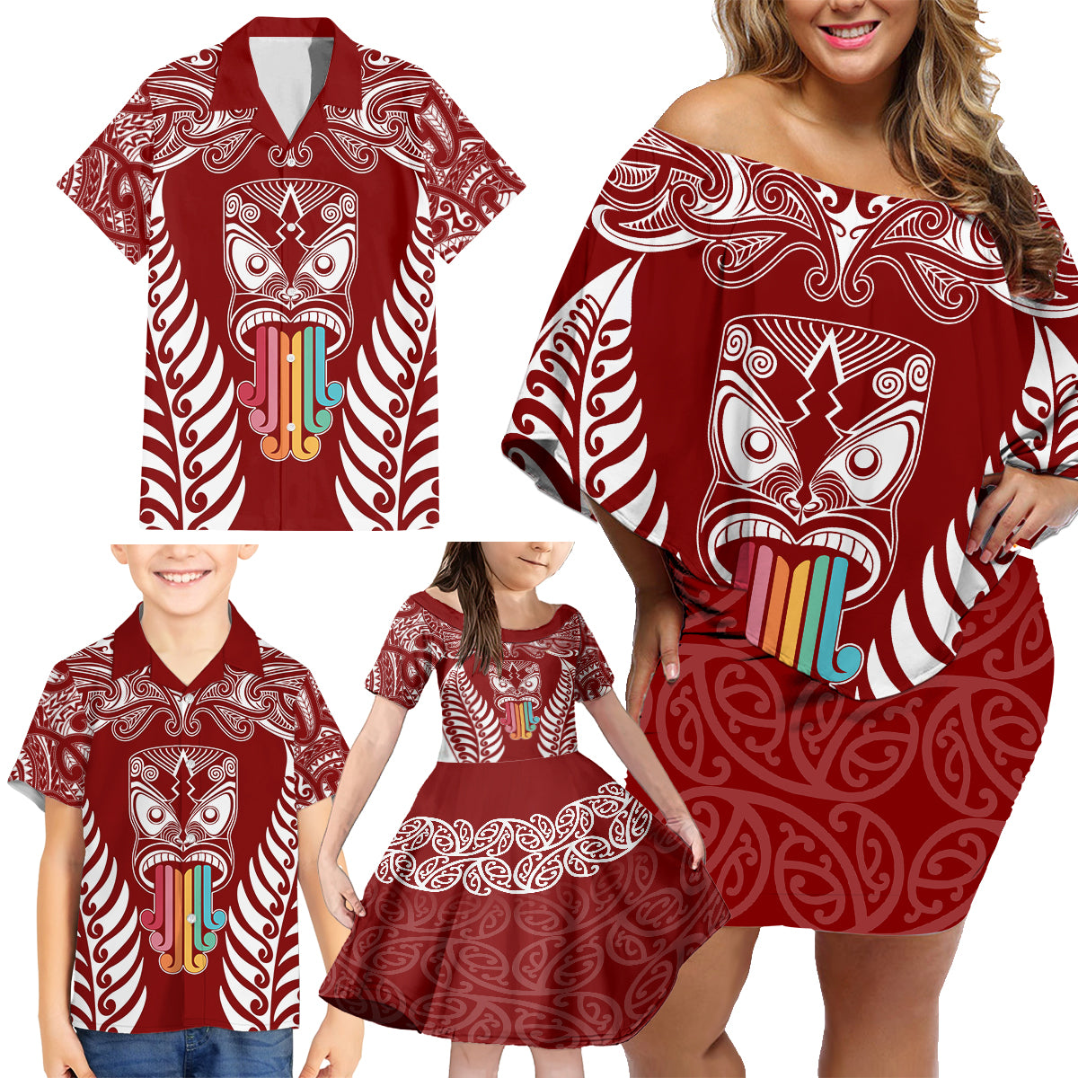 personalised-kia-kaha-te-reo-maori-family-matching-off-shoulder-short-dress-and-hawaiian-shirt-hei-tiki-mix-koru-red