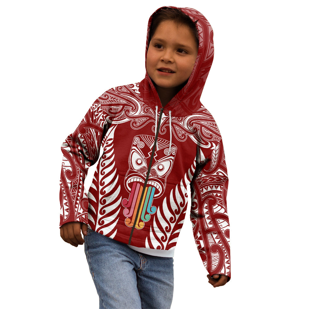 Personalised Kia Kaha Te Reo Maori Kid Hoodie Hei Tiki Mix Koru - Red LT7 - Polynesian Pride