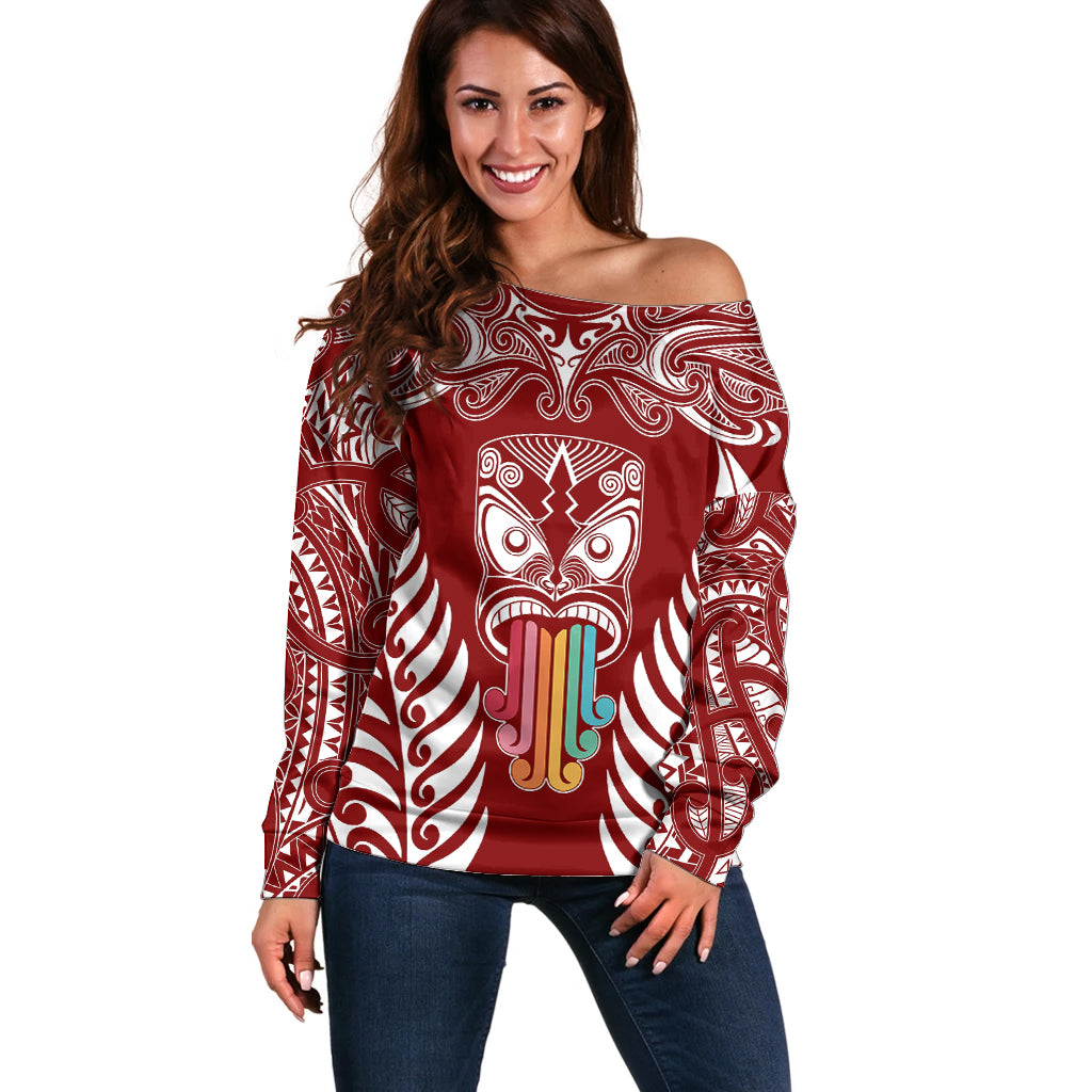 personalised-kia-kaha-te-reo-maori-off-shoulder-sweater-hei-tiki-mix-koru-red