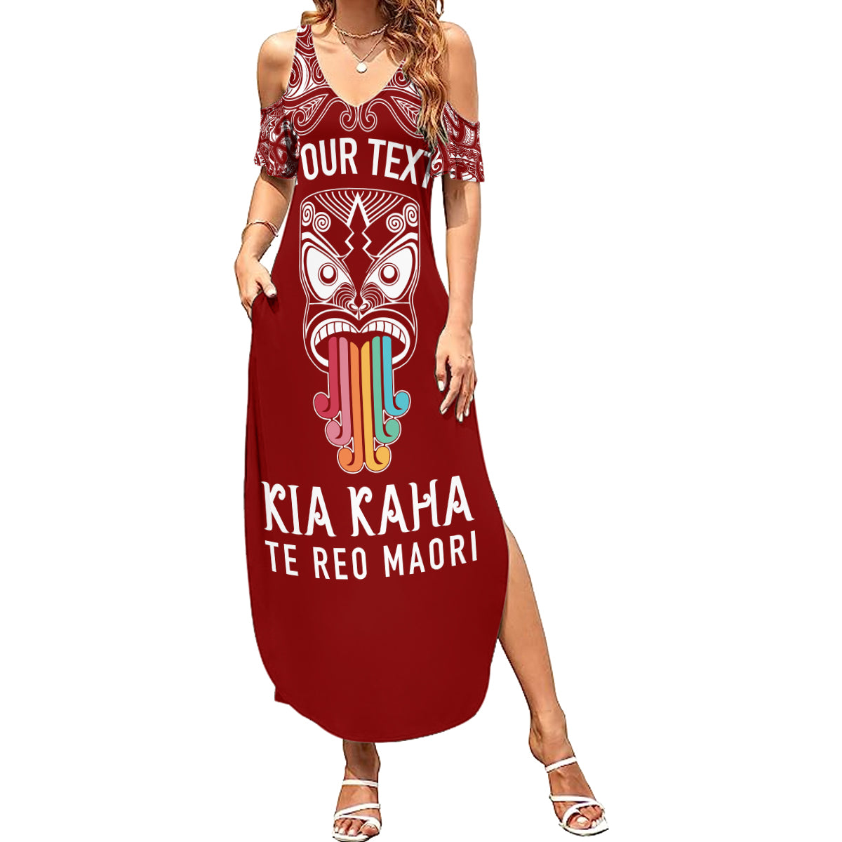 personalised-kia-kaha-te-reo-maori-summer-maxi-dress-hei-tiki-mix-koru-red