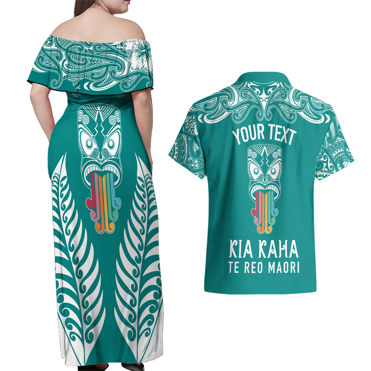 personalised-kia-kaha-te-reo-maori-couples-matching-off-shoulder-maxi-dress-and-hawaiian-shirt-hei-tiki-mix-koru-teal