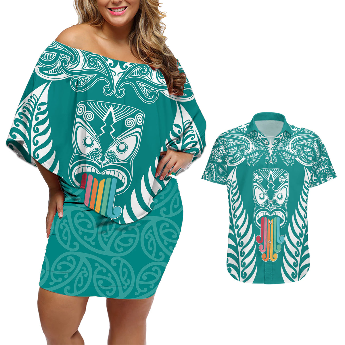 personalised-kia-kaha-te-reo-maori-couples-matching-off-shoulder-short-dress-and-hawaiian-shirt-hei-tiki-mix-koru-teal