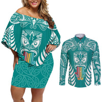 personalised-kia-kaha-te-reo-maori-couples-matching-off-shoulder-short-dress-and-long-sleeve-button-shirts-hei-tiki-mix-koru-teal