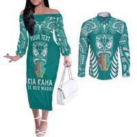 Personalised Kia Kaha Te Reo Maori Couples Matching Off The Shoulder Long Sleeve Dress and Long Sleeve Button Shirts Hei Tiki Mix Koru - Teal LT7 Teal - Polynesian Pride