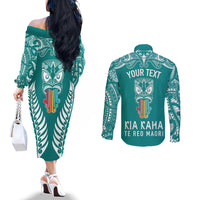 Personalised Kia Kaha Te Reo Maori Couples Matching Off The Shoulder Long Sleeve Dress and Long Sleeve Button Shirts Hei Tiki Mix Koru - Teal LT7 - Polynesian Pride