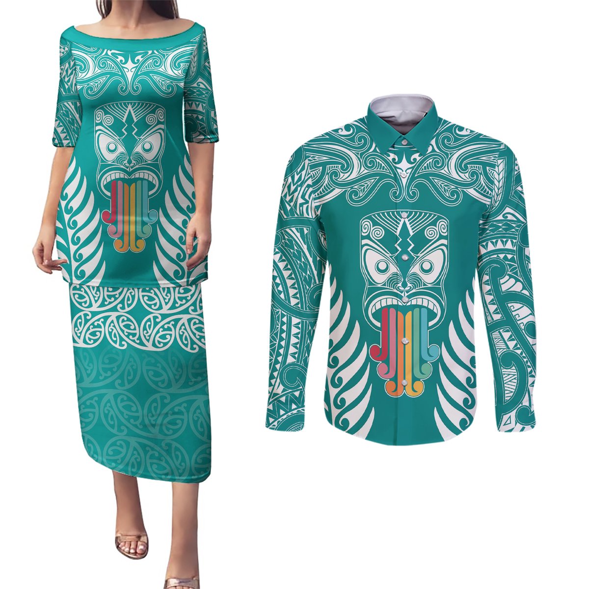 Personalised Kia Kaha Te Reo Maori Couples Matching Puletasi Dress and Long Sleeve Button Shirts Hei Tiki Mix Koru - Teal LT7 Teal - Polynesian Pride