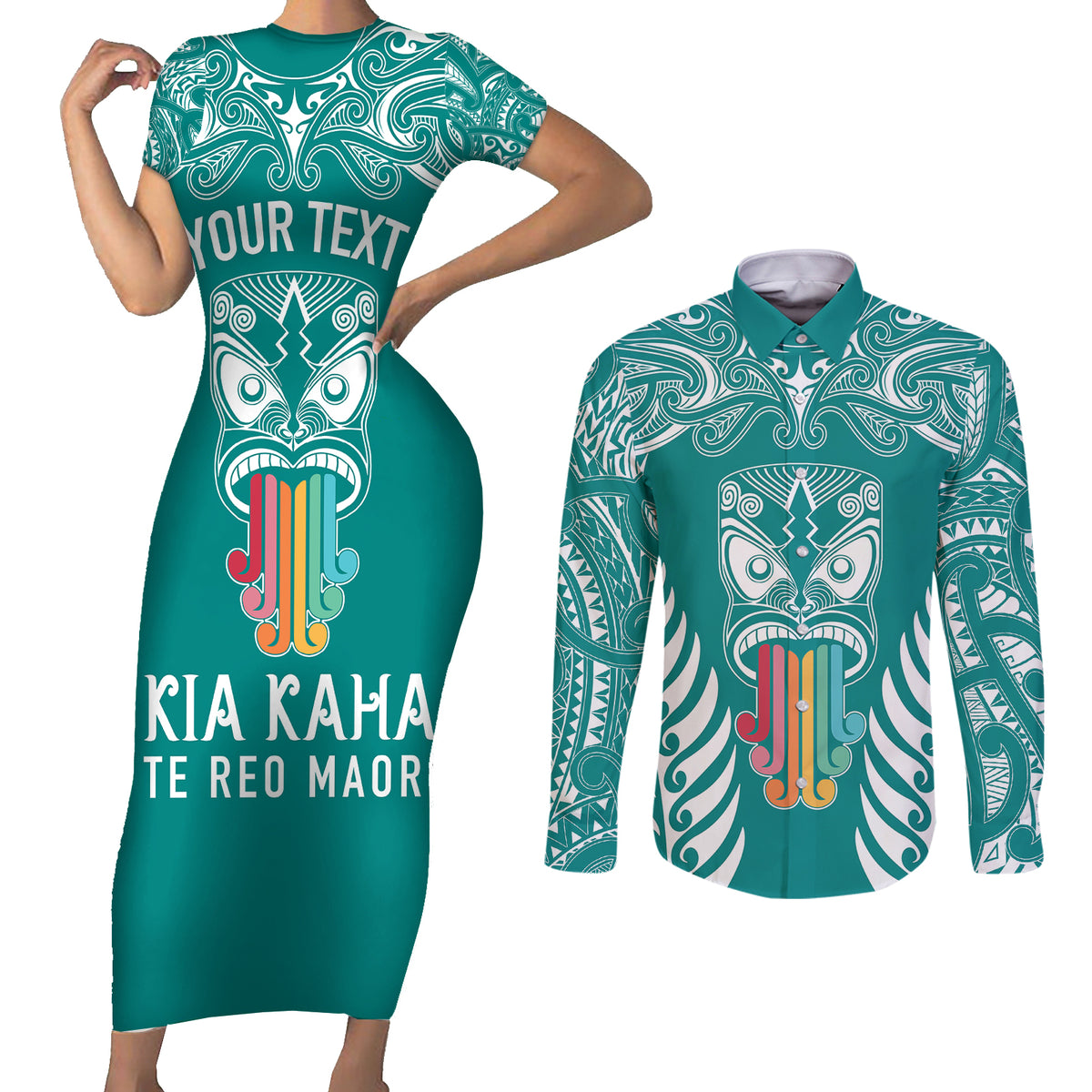 Personalised Kia Kaha Te Reo Maori Couples Matching Short Sleeve Bodycon Dress and Long Sleeve Button Shirts Hei Tiki Mix Koru - Teal LT7 Teal - Polynesian Pride